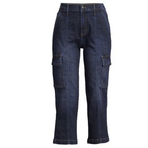Time and Tru Women's Dark Wash Cargo Jean High Rise Straight Crop Hem NWT